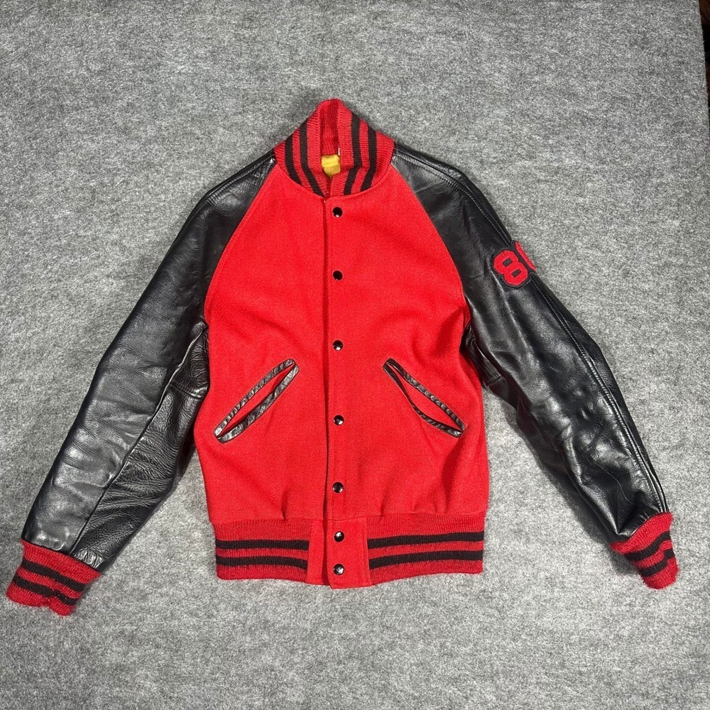 Rare Vintage 80s Kaye Bros‎ Varsity Jacket Red Wool Leather Mens 36 Sikeston